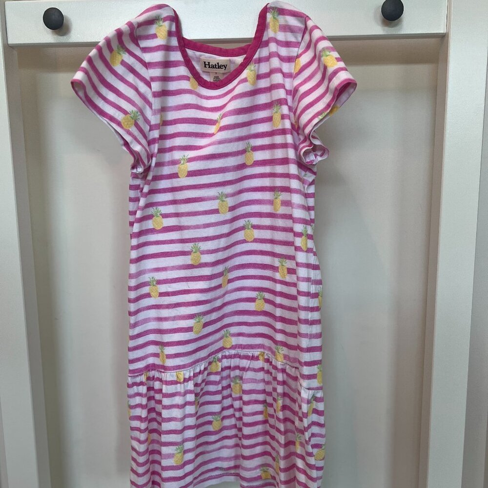 Hatley Girls’ Pineapple Print Dress – Size 7 – 100% Cotton – Pink & White Stripe